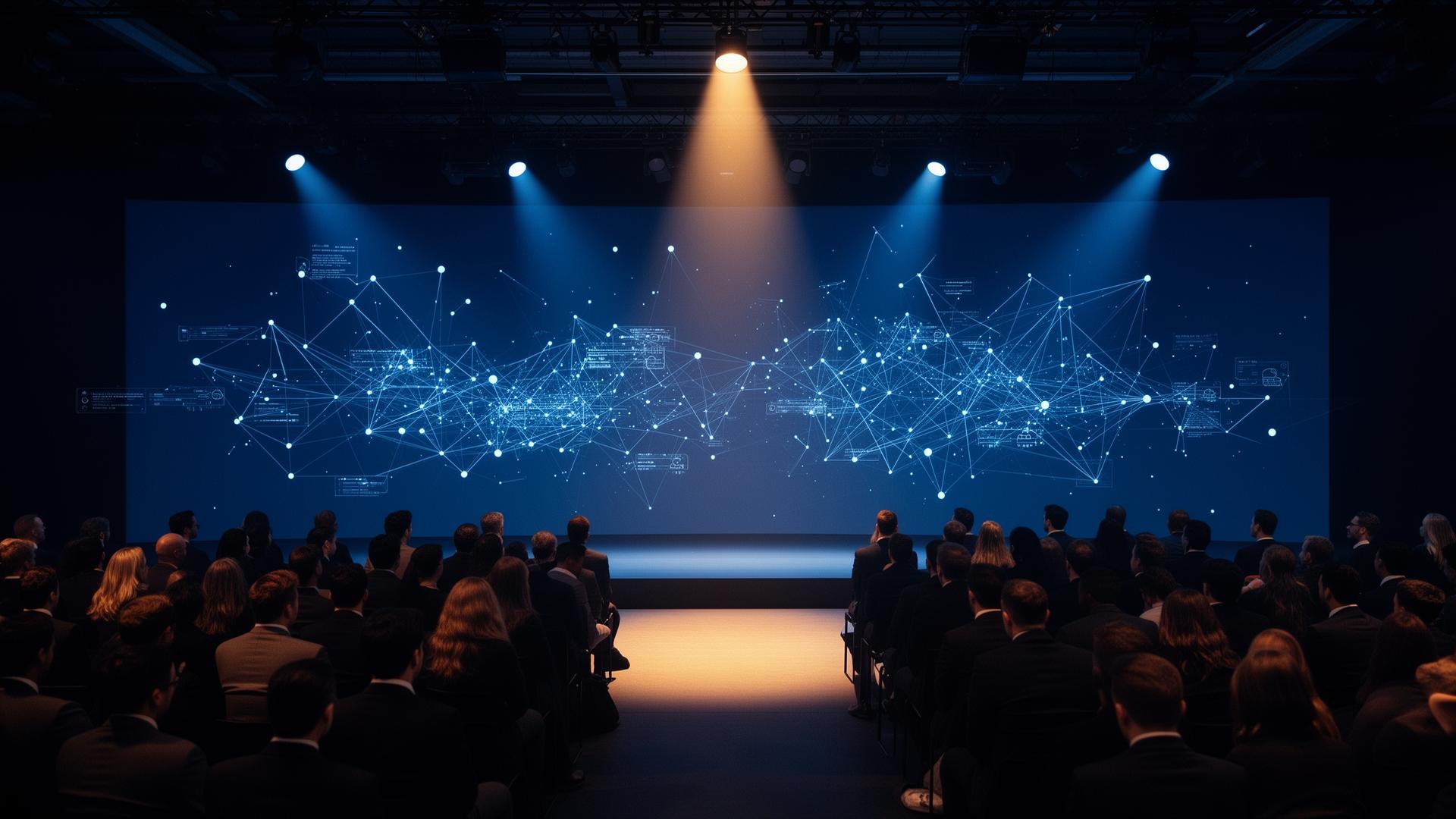 AI in MICE Conference stage in Berlin with audience and AI data visualization overlay